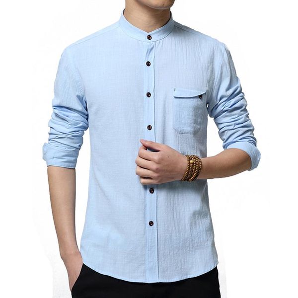 Vente en gros - Nouveau Casual Chinse Kongfu Hommes Chemise À Manches Longues Couleur Unie Slim Fit Chemise En Lin Hommes Tendance Hommes Chemises Sans Col