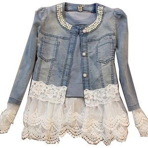 Vente en gros - Nouveau 2016 Lady Vintage Jeans Veste Dentelle Veste Printemps Vestes Femmes Survêtement Slim Dentelle Patchwork À Manches Longues Denim Veste