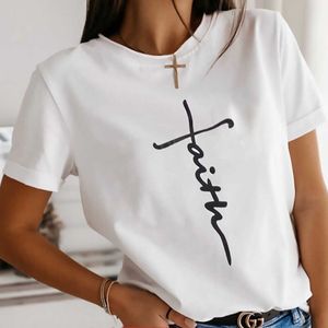 T-shirt manches courtes col rond femme, décontracté et à la mode, avec lettres personnalisées imprimées de foi, vente en gros, nouvelle collection