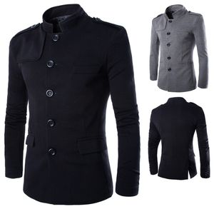 Groothandel - Nieuwe aankomsten Heren Casual Stand Collar Chinese Tuniek Pak Blazer Jassen Single Breasted Denim Slanke Jas en Jas Gratis Verzending