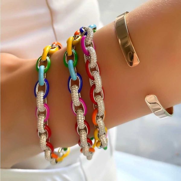 En gros nouveau arrivé arc-en-ciel coloré néon émail CZ ovale lien chaîne bracelets de charme pour les femmes fille délicate fête cadeau bijoux X0710