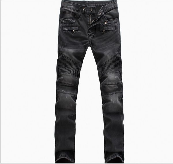 Vente en gros - Nouveau BP Mens Fashion Runway Biker Slim Stratch Washed Denim Jeans Genou Plissé Hommes Haute Couture Moto Punk Jeans