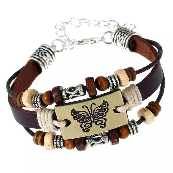 Bracelets en cuir papillon multicouches pour hommes et femmes, perles faites à la main, breloque réglable, bijoux d'amitié, vente en gros, nouvelle collection