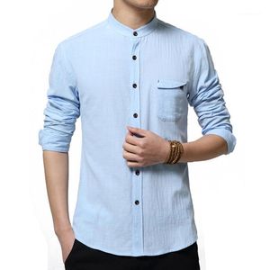 Chemises décontractées pour hommes en gros-Chinse Kongfu hommes chemise à manches longues couleur unie Slim Fit lin tendance chemises sans col1