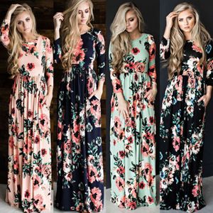 Groothandel - Nieuwe casual vrouwen zomer floral lange jurk hoge taille vrouwelijke lange mouw feestjurk vrouwen boho lange maxi jurk