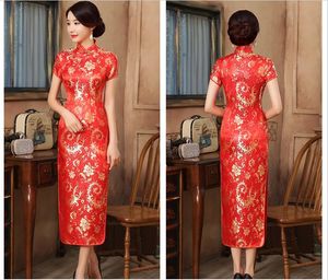 groothandel Nieuwe Chinese Stijl Vintage Vrouwen Zijde Satijn Lange Cheongsam Borduren Bloem Rokken Dames Casual Jurk Bruiloft Avond Jurken Maat S-6XL