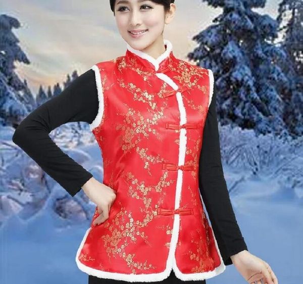 Gilet traditionnel chinois en coton et Satin brodé pour femme, veste d'automne et d'hiver, costume Tang pour dames, manteau rouge décontracté, vente en gros