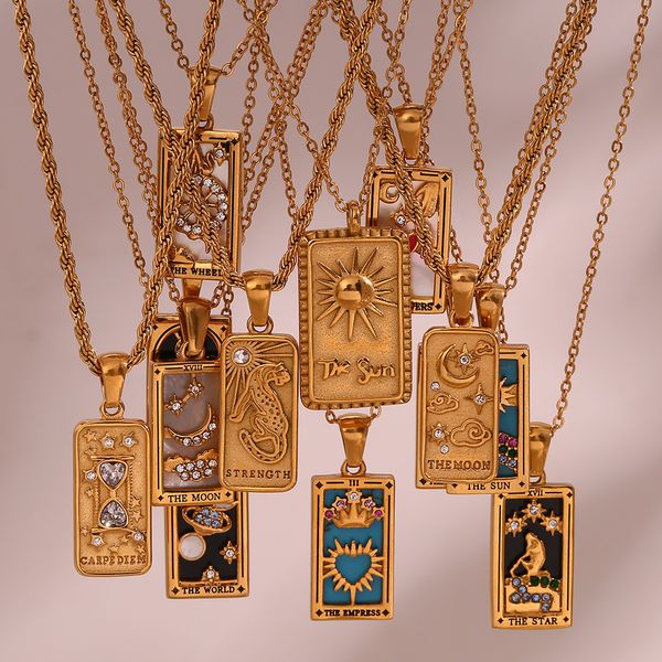 Venta al por mayor, nuevo diseño, regalo de joyería de Navidad, collares de Tarot de acero inoxidable para mujer, coloridos, significativos, luna, amante del sol