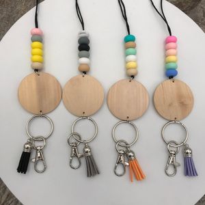 Collier en perles de Silicone faites à la main, nouveau Design, corde à crayon, pompon, pendentif personnalisé, disque en bois gravé, lanière, vente en gros