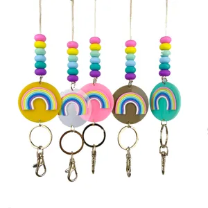 Groothandel nieuw ontwerp handgemaakte siliconen kralen potlood touw hanger gepersonaliseerde regenboog schijf Lanyard ketting voor vrouwen