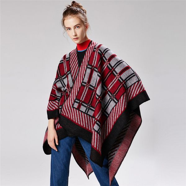 Venta al por mayor- nuevo diseño a rayas a cuadros mujer poncho desfile de moda pashmina cachemira bufanda de invierno chal capa bufandas de marca para damas