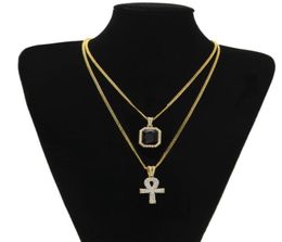 Gros-Nouveau Designer Égyptien Ankh Clé de Vie Bling Strass Pendentif Avec Pendentif Rubis Rouge Collier Ensemble Hommes Hip Hop Bijoux3463627