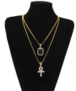 Gros-Nouveau Designer Égyptien Ankh Clé de Vie Bling Strass Croix Pendentif Avec Rouge Rubis Pendentif Collier Ensemble Hommes Hip Hop Bijoux