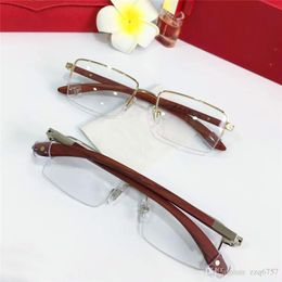 Venta al por mayor nuevo marco de moda gafas ópticas de diseñador 8101025 medio marco de metal retro lente transparente patas de madera estilo de negocios simple de calidad superior