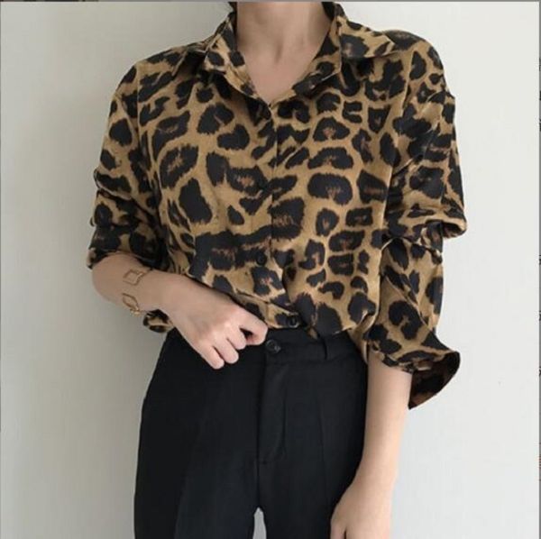 Venta al por mayor Nueva moda Estilo coreano Camisa de manga larga con estampado de leopardo Señoras Casual Blusa retro suelta Primavera Verano sobrecamisa Tamaño S M L XL