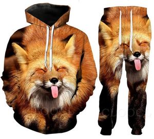 Venta al por mayor - Nueva moda Hombres / Mujeres Animal Fox Sudadera Joggers Divertido Impresión 3D Sudaderas con capucha unisex + Pantalones% 015