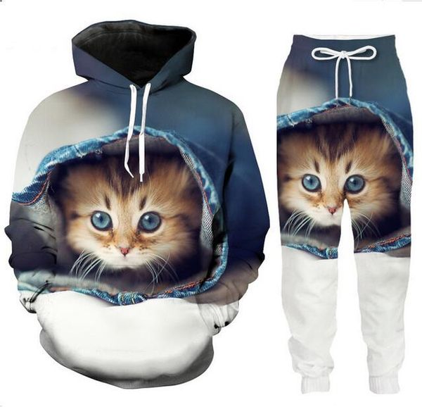 Vente en gros - New Fashion Hommes / Femmes Lovely Cat Sweat Joggers Funny 3D Print Unisex Hoodies + Pants% 02