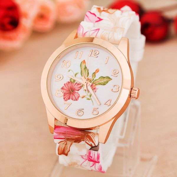 Al por mayor al por mayor de cuarzo de moda de moda Rose Flower Print Silicone Watches Floral Jelly Sports Watches for Women Men Girls Hot Pink Hot Pink 311N