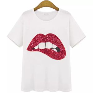 Gros-Nouvelle Mode Été Femmes T-shirt 2018 Vente Chaude O-Cou Manches Courtes Bouche Sequin Été Style Femmes T-shirt grande taille