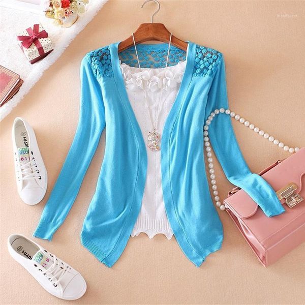 Pulls pour femmes en gros - Mode Femmes Dentelle Sweet Candy Couleur Crochet Évider Tricots Chemisier À Manches Longues Pull Cardigan Point Ouvert