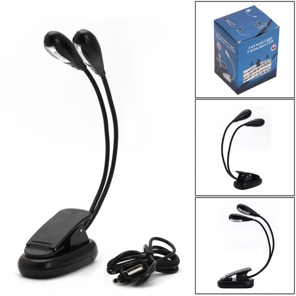 Vente en gros - Nouveau flexible 2 double bras lumière 4 LED clip sur lampe pour livre lecture tablette ordinateur portable