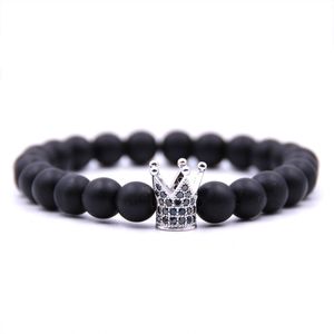 Hebras de roca volcánica de piedra Natural de 8mm hechas a mano, pulseras de cuentas de corona chapadas en oro y plata para hombres y mujeres, joyería