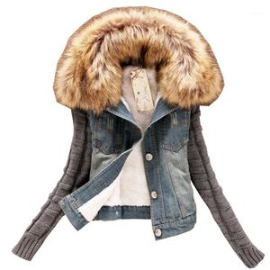 Vestes pour femmes Vente en gros - Jeans à manches longues pour femmes 2021 Automne Hiver Denim Manteau Vintage Ripped pour vêtements Chaquetas Collier de fourrure1