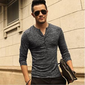 T-shirts T-shirts Wholesale- Men Henley Shirt 2021 Tee Tops Lange Mouw Stijlvolle Slanke Fit T-shirt Knop Placket Casual Outwears Design1