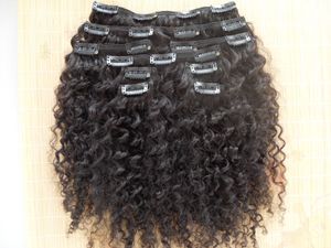Venta al por mayor extensiones de cabello remy virgen humana brasileña clip rizado rizado en tejidos color negro natural 9 piezas un paquete