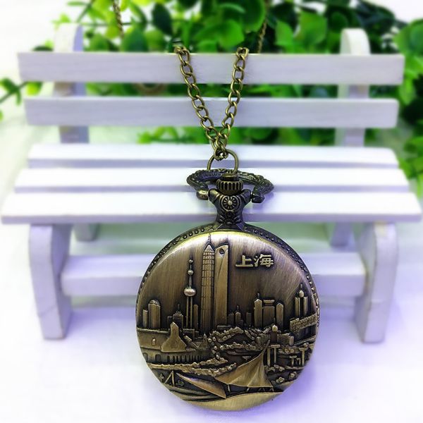 Vente en gros Nouveaux styles Bronze Couleur Acier Souvenirs Quartz Vintage Pocket flip étudiant Chine The Bund Attractions touristiques bon cadeau montres