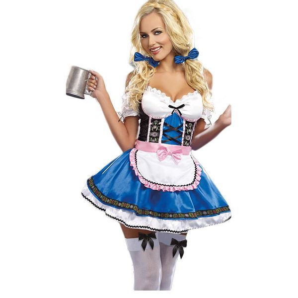 Gros-Nouveau Élégant Sexy Bière Fille Déguisement 4 Pièces Ensemble Bleu Allemagne Oktoberfest Costume pour Femmes Halloween Bière Maid Robe A327095