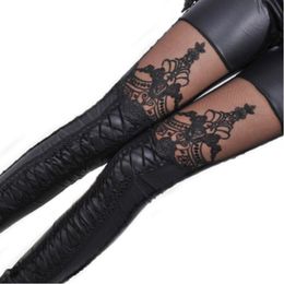 Groothandel - Nieuwe Vrouwen Zwart Kunstleer Legging Gothic Kant Broek Sexy Women Stitching Bundled Leggings Lady Slanke Capris PU lederen broek