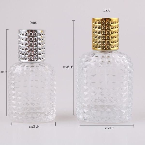 Bouteilles de parfum en verre les plus récentes en gros 30 ml 50 ml vide atomiseur maquillage bouteille de pulvérisation avec capuchon en argent doré Ekojp