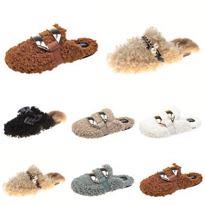 Groothandel Nieuw Herfst Winter Womens Slippers Metalen Ketting All Inclusive Wool Slipper voor Vrouwen Witte Outer Wear Plus Big Szie Muller Half Drag Schoenen € 35-40