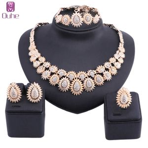 Gros Nigérian Femmes Ensembles De Mariage Chunky Collier Boucles D'oreilles Bracelet Bague De Mariée Dubaï Or Cristal Perles Africaines Ensemble De Bijoux H1022