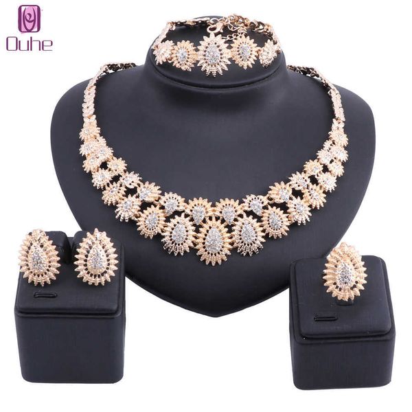 Venta al por mayor de mujeres nigerianas conjuntos de boda collar grueso pendientes brazalete anillo nupcial Dubai oro cristal africano cuentas joyería conjunto H1022