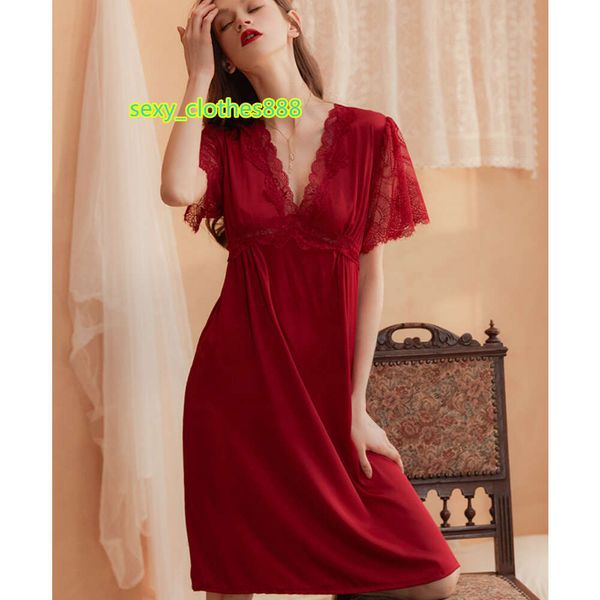 Robe de nuit en gros, Sexy, col en V, manches courtes, pyjama en dentelle de soie glacée, vêtements de salon pour femmes, robe de nuit pour dames, vente en gros