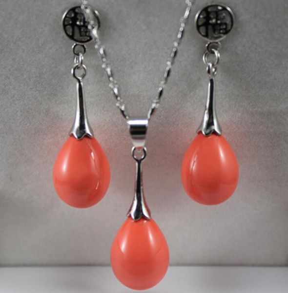 wholesale noble 12 * 16mm orange goutte d'eau coquille perle pendentif fu chanceux boucle d'oreille ensemble de bijoux 002