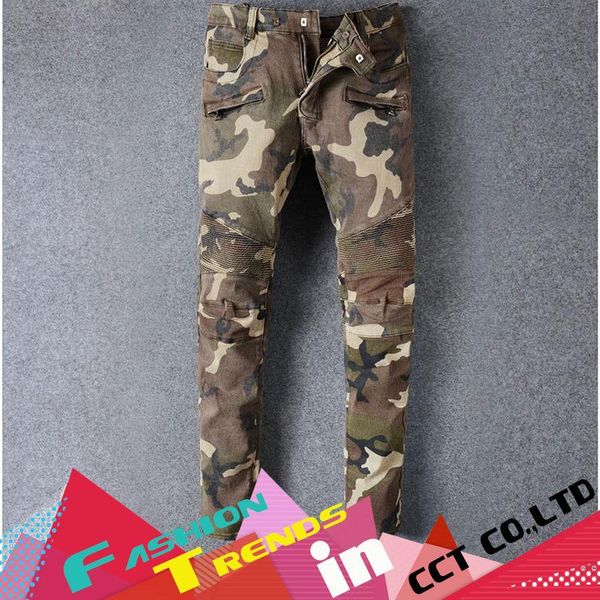 Gros-NWT Célèbre marque de mode jeans camouflage hommes Patchwork Pantalon droit mens locomotive denim biker pantalones Stretch Slim jeans