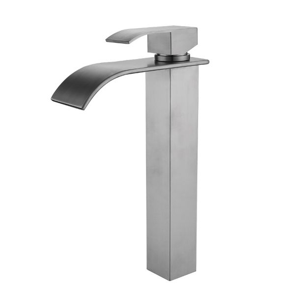 Vente en gros de robinet cascade en acier inoxydable 304 par fabricant, robinet d'eau mixte de lavabo de lavabo de comptoir de salle de bains noir brossé froid et chaud