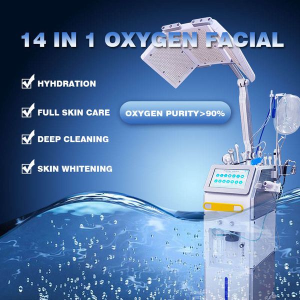 Gros oxygène Aqua Peeling Micro Hydradermabrasion Machine 14 en 1 humidité de la peau huile de nettoyage en profondeur réduire le dispositif de soulagement de la fatigue oculaire ionique avec photothérapie