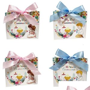 Sacs d'emballage en gros 2550pcs Première communion cadeau Cookie Candy Box Party Faveurs de mariage pour les invités Baby Shower Baptême Dec Dhja6