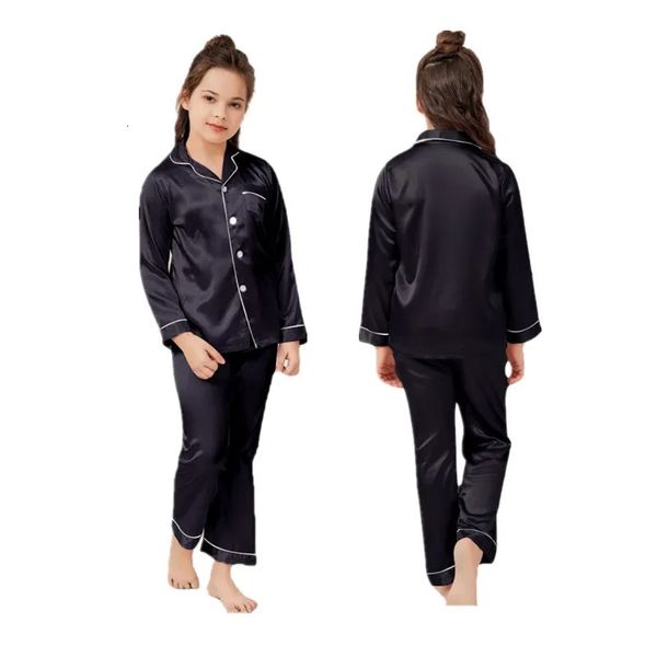 Pajamas al por mayor niños pequeños Niños Satinados de satén negro Conjunto de ropa de dormir negra con botones de satén