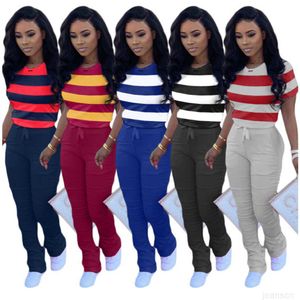Groothandel Broek 2 Stuks Pakken Mode Kleur Bijpassende T-shirt Hip Slanke Geplooide Micro Flared Outfits Dames Print Casual Kleding