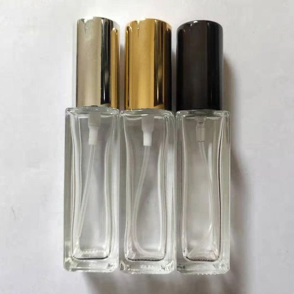 Venta al por mayor de botellas de spray de vidrio para perfume, contenedor de maquillaje de 10ml con rociador de niebla fina negra dorada y plateada