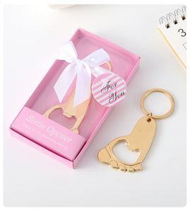 Groothandel Party Decoratie Baby Shower Favor gouden flesopener Girl Boy Footprint Keychain Openers Verjaardagsfeestje