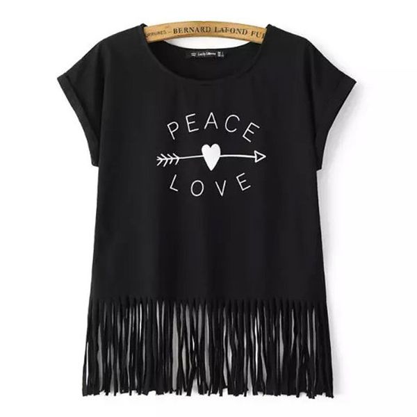 Venta al por mayor-PEACE LOVE Print Camiseta de mujer Blanco / Negro Casual Camiseta de manga corta Nueva Primavera Verano O Cuello Borla Tops Camisetas Femininas