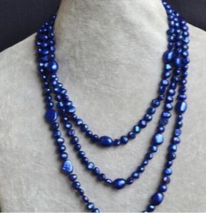 Venta al por mayor de joyería de perlas, collar de perlas naturales de agua dulce barroco azul marino de 5-8mm de largo de 52 pulgadas, regalo de fiesta de boda de cumpleaños para mujer