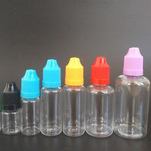 Groothandel Pet Plastic Druppper flessen met kindervrije dop Thin Tip voor E Liquid Bottle 5ml 10 ml 15 ml 20 ml 30 ml 50 ml