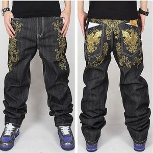 Al por mayor-phoenix Gold Embroidery Men Baggy Jeans Mens Hip Hop Jeans Long Loose fashion Skateboard Baggy Relaxed Fit Jeans para hombres Pantalones